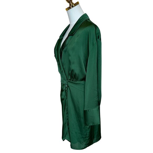 BA&SH Green Mini Shirt Dress XS Wrap Designer Cocktail Satin Ruched Holiday $340 - Picture 9 of 12